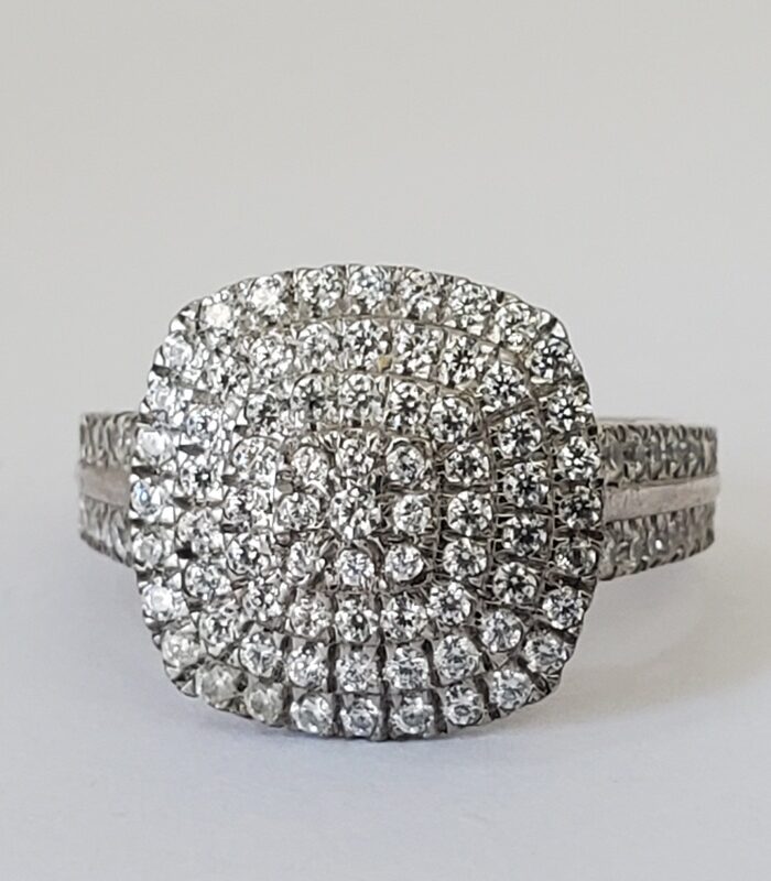 CLUSTERED CUSHION CUT SILVER ENGAGEMENT RING