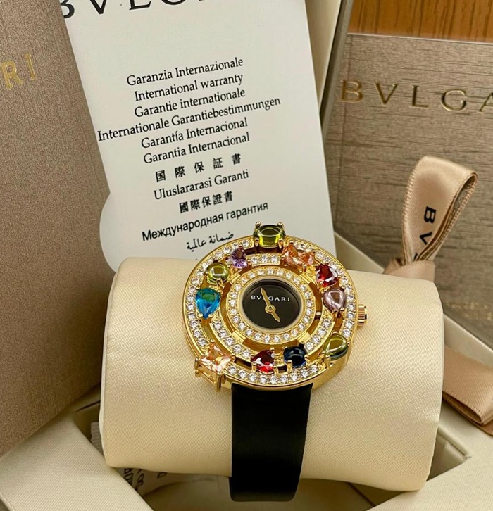 BVLGARI BLACK LEATHER STRAP GEM WATCH