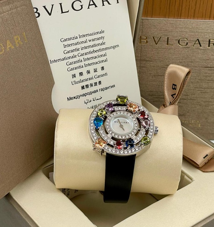 BVLGARI BLACK LEATHER STRAP GEM WATCH
