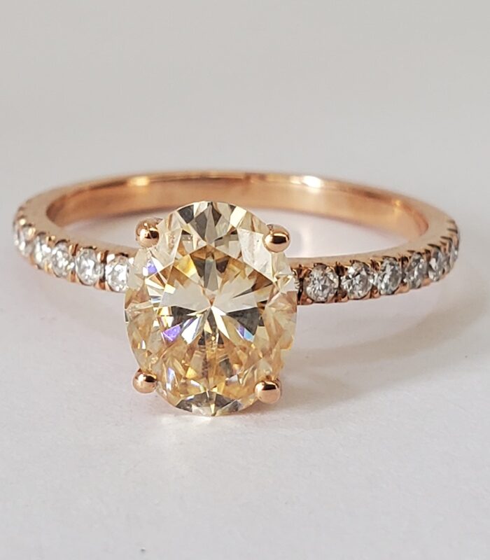 2CTCOLOURED VVS1 MOISSANITE STUDDED 18KT ROSE GOLD ENGAGEMENT RING