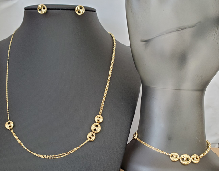 18kt gold chain/bracelet/earring set